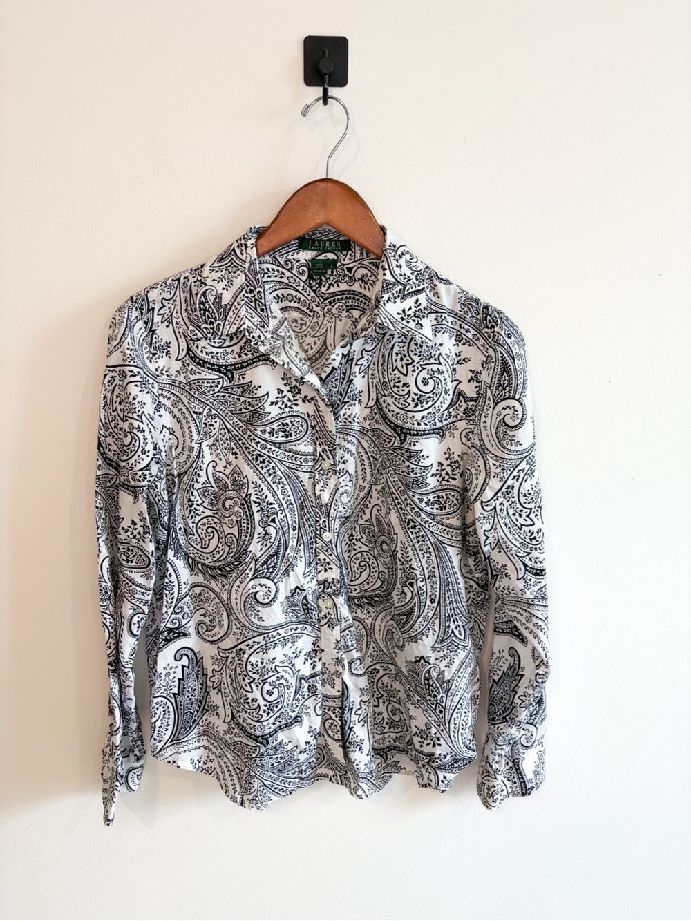 Lauren Ralph Lauren Black & White Paisley Button-Up Shirt Size Large